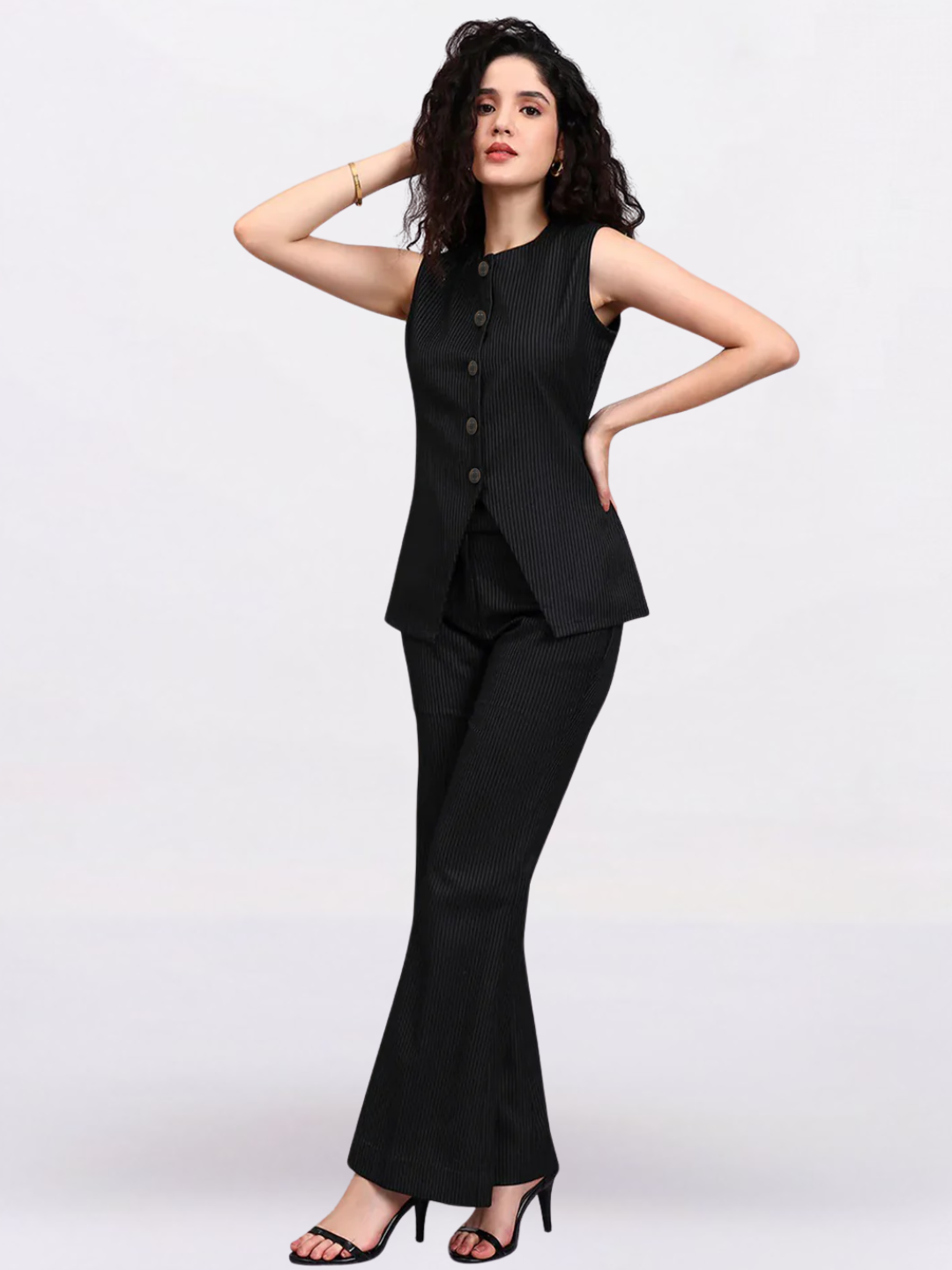 Women Black Sleek fit Pinstriped Co-Ord Set