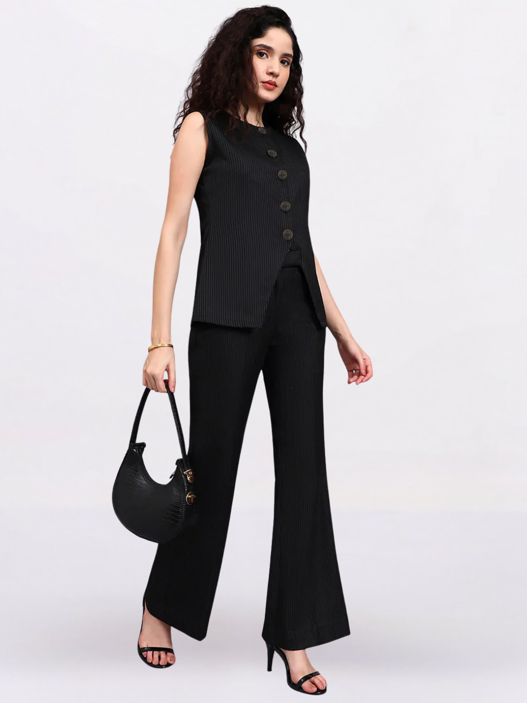 Women Black Stretch High Rise Pleated Trouser
