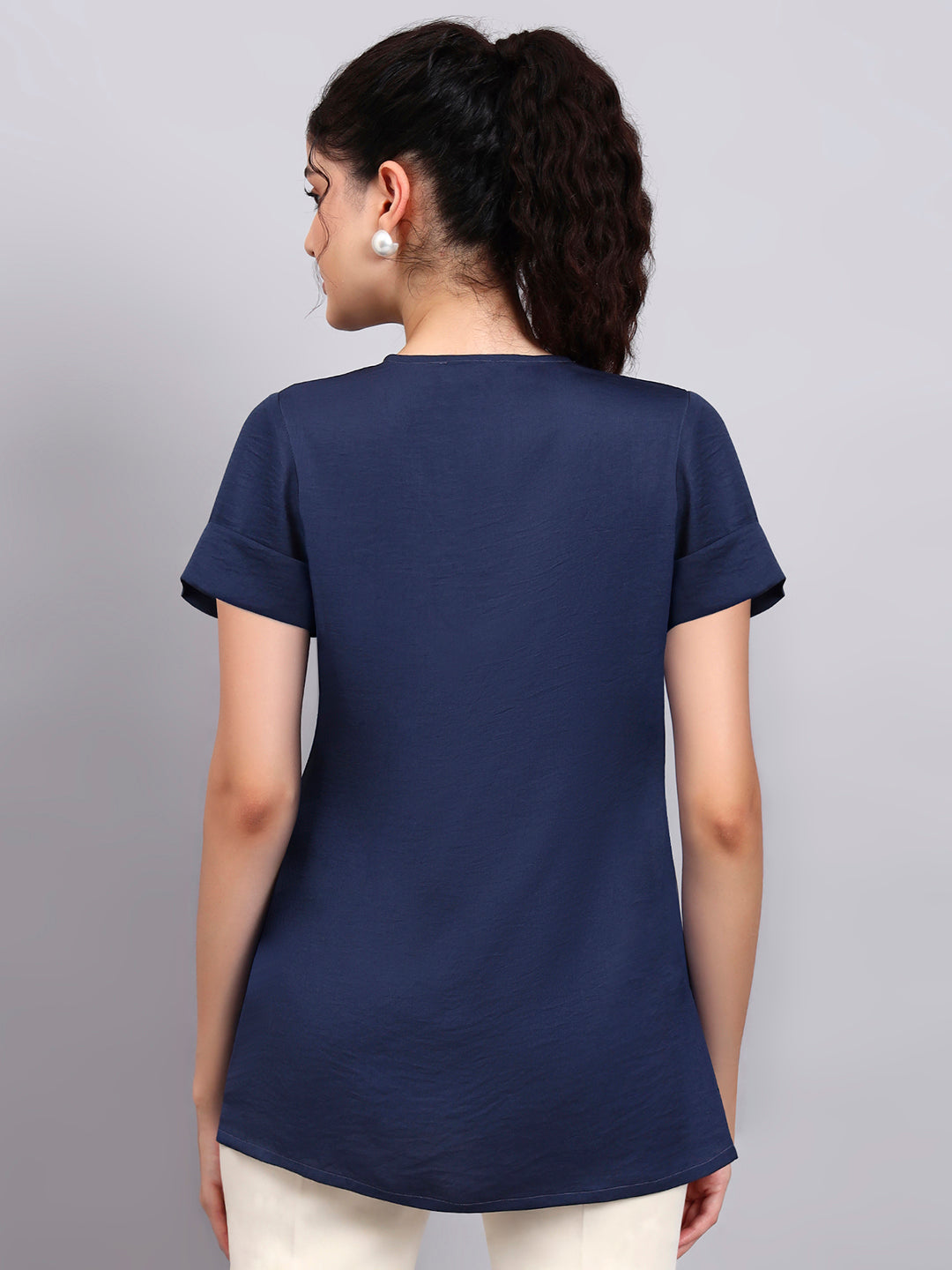 Premium Blue High-Neck Satin Top with Pearl Detailing