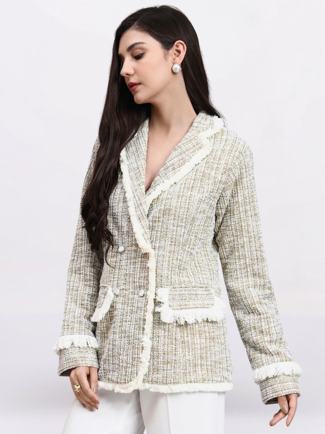 Women beige warm tweed stretch Blazer