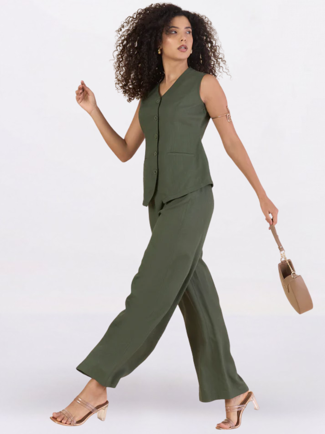 Women Olive Green V-Neck Vest With Straight Fit Trousers Co-Ord Set