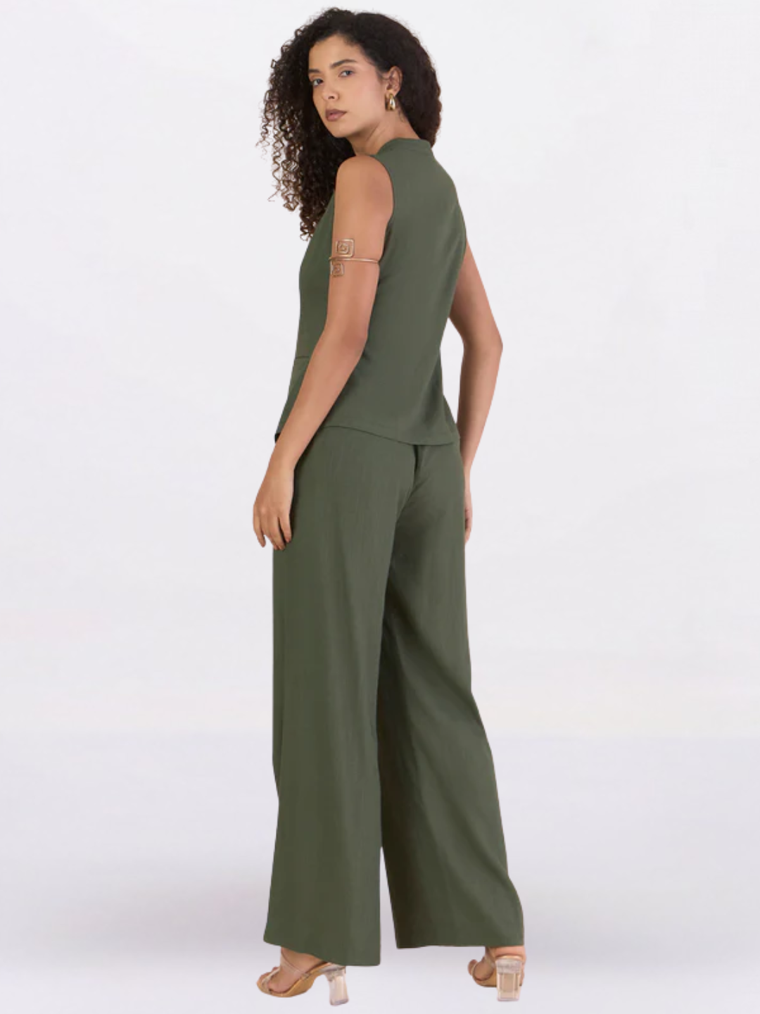 Women Olive Green V-Neck Vest With Straight Fit Trousers Co-Ord Set