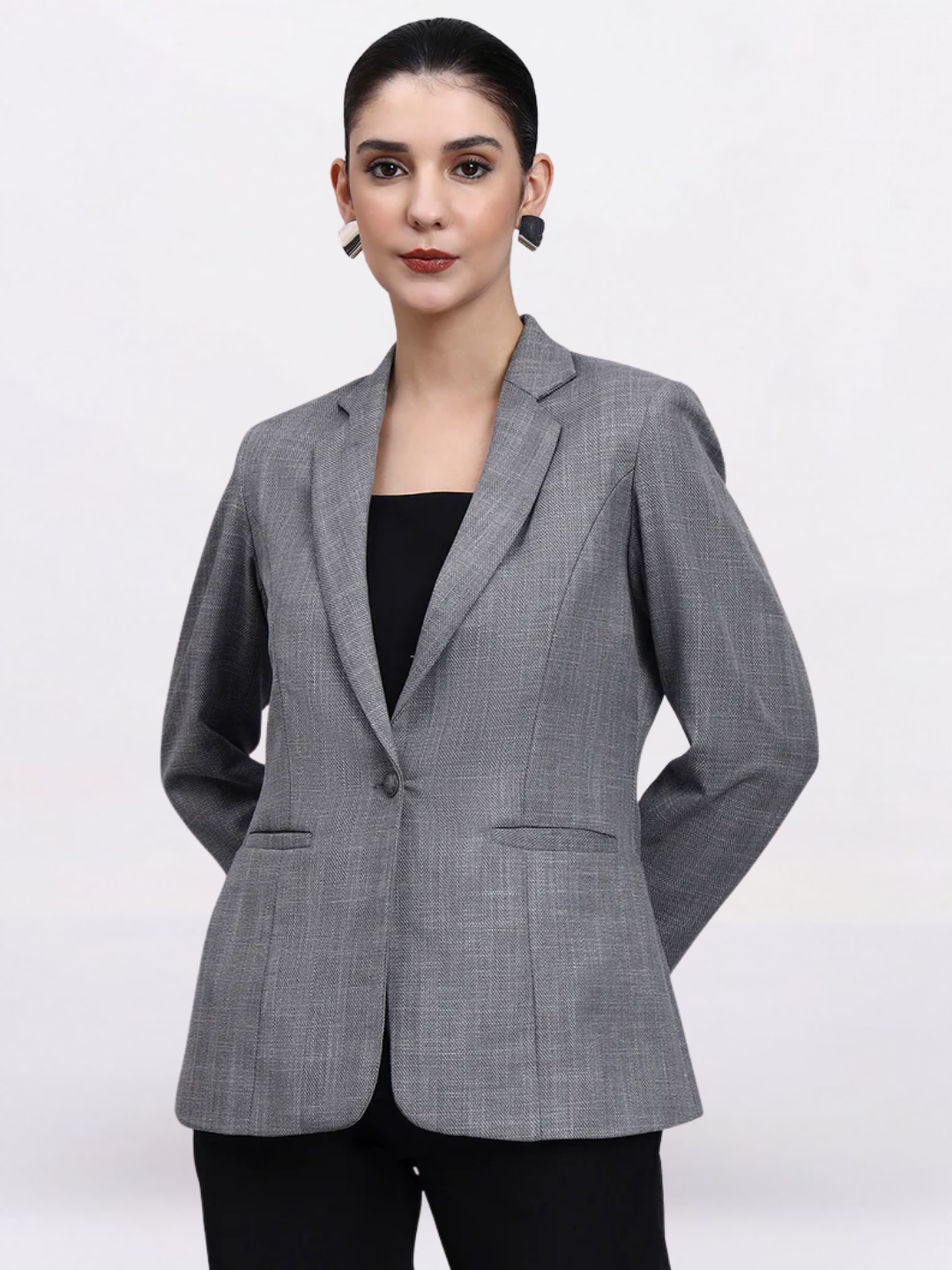 Women Grey Notch Collar Tailored Blazer