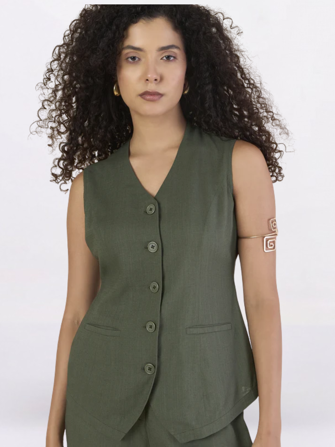 Women Olive Green V-Neck Vest With Straight Fit Trousers Co-Ord Set