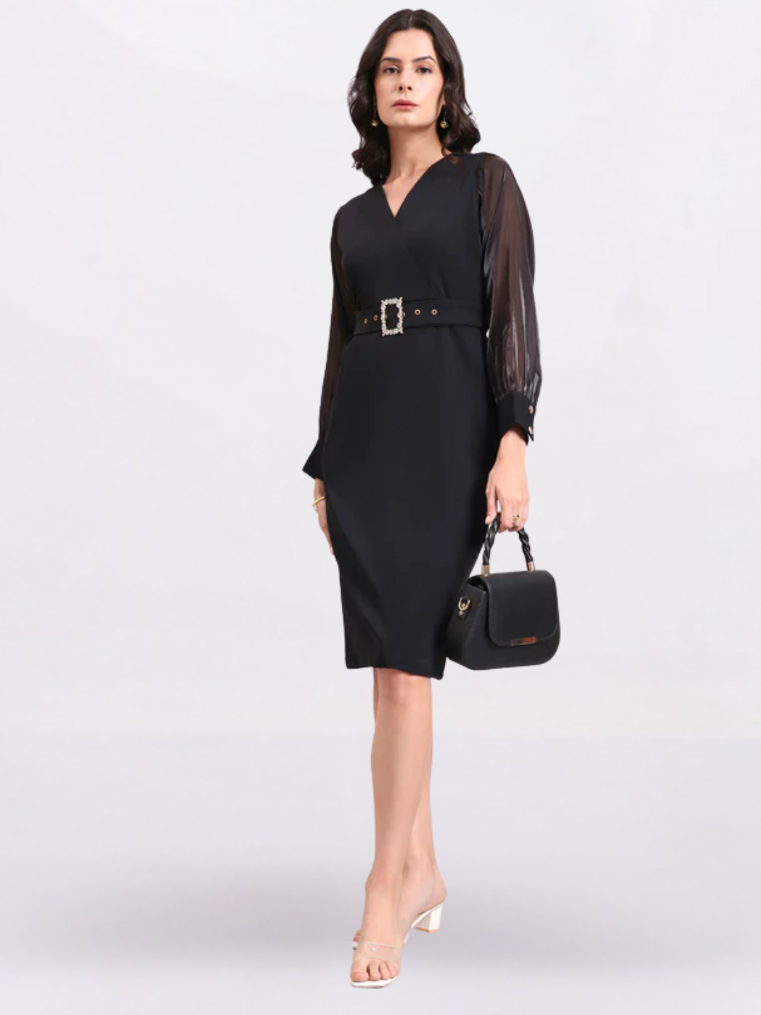 Women Black Stretch Midi Dress