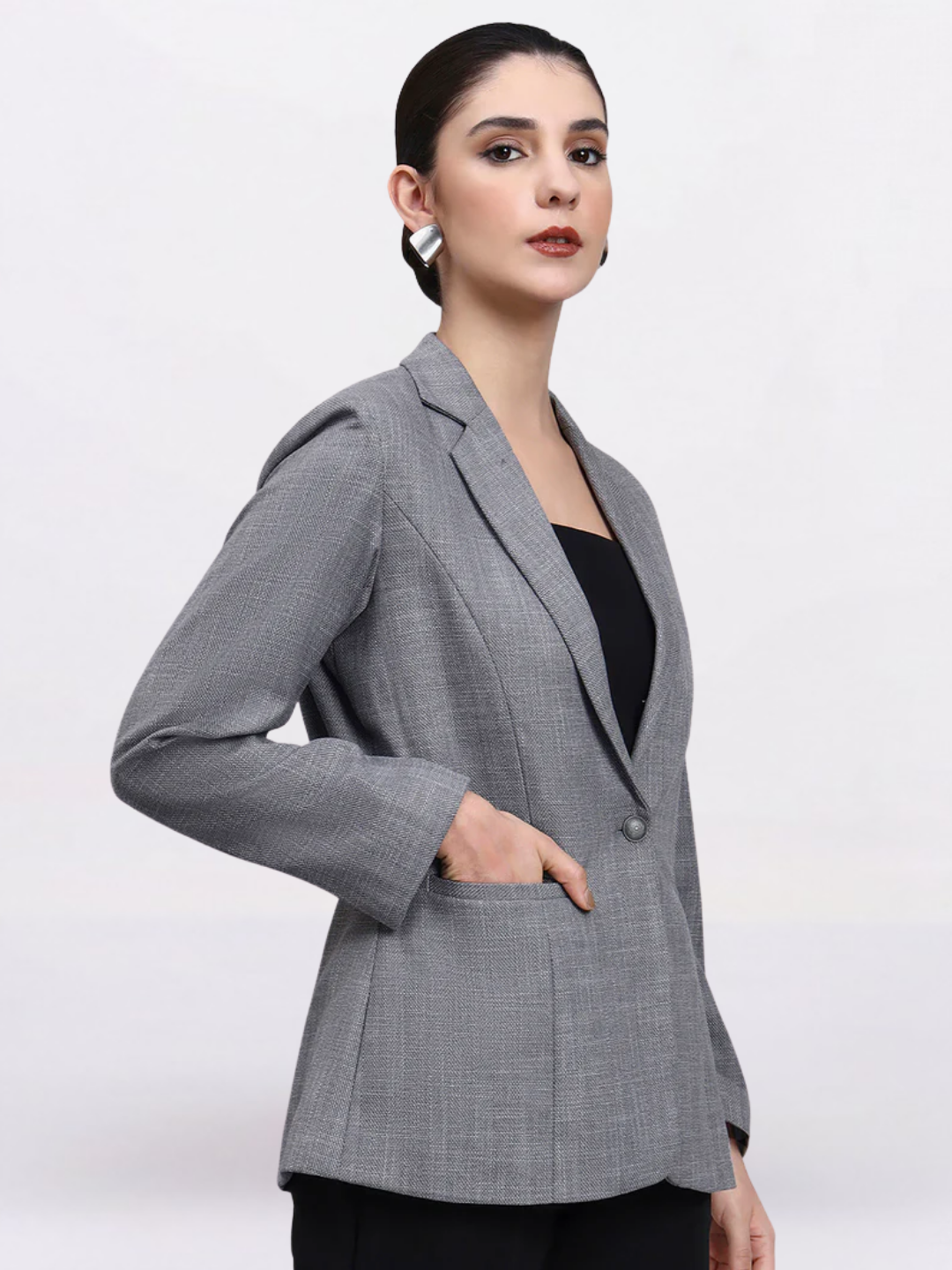 Women Grey Notch Collar Tailored Blazer