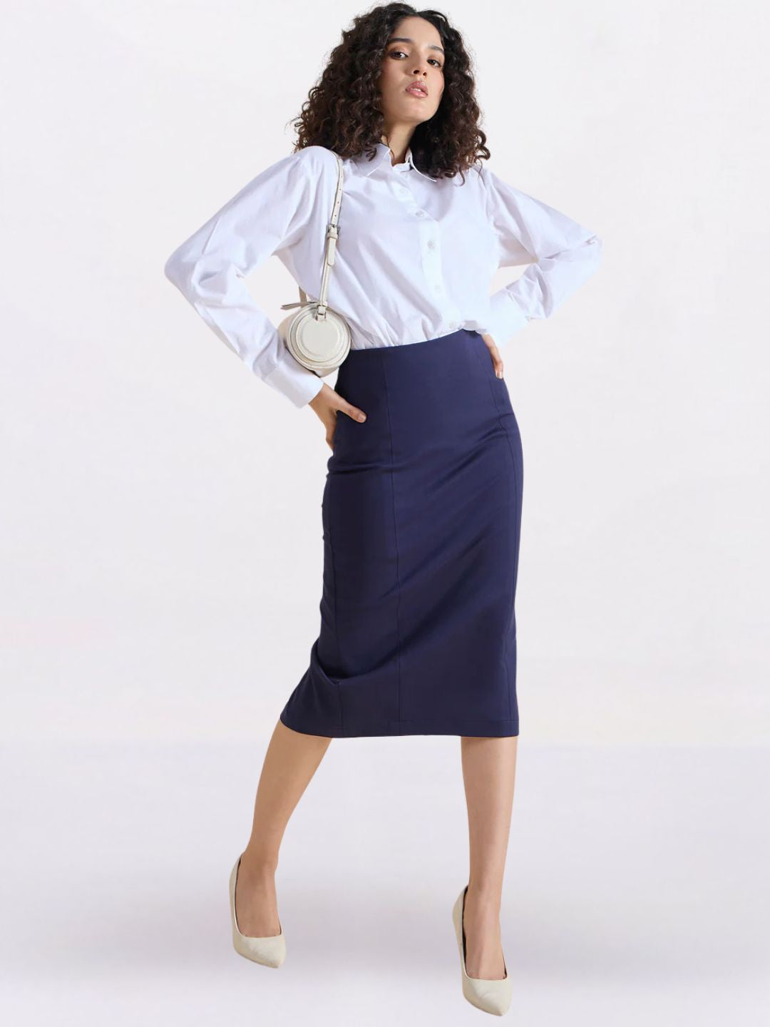 Women 4-Way Stretch Navy Blue Pencil Skirt