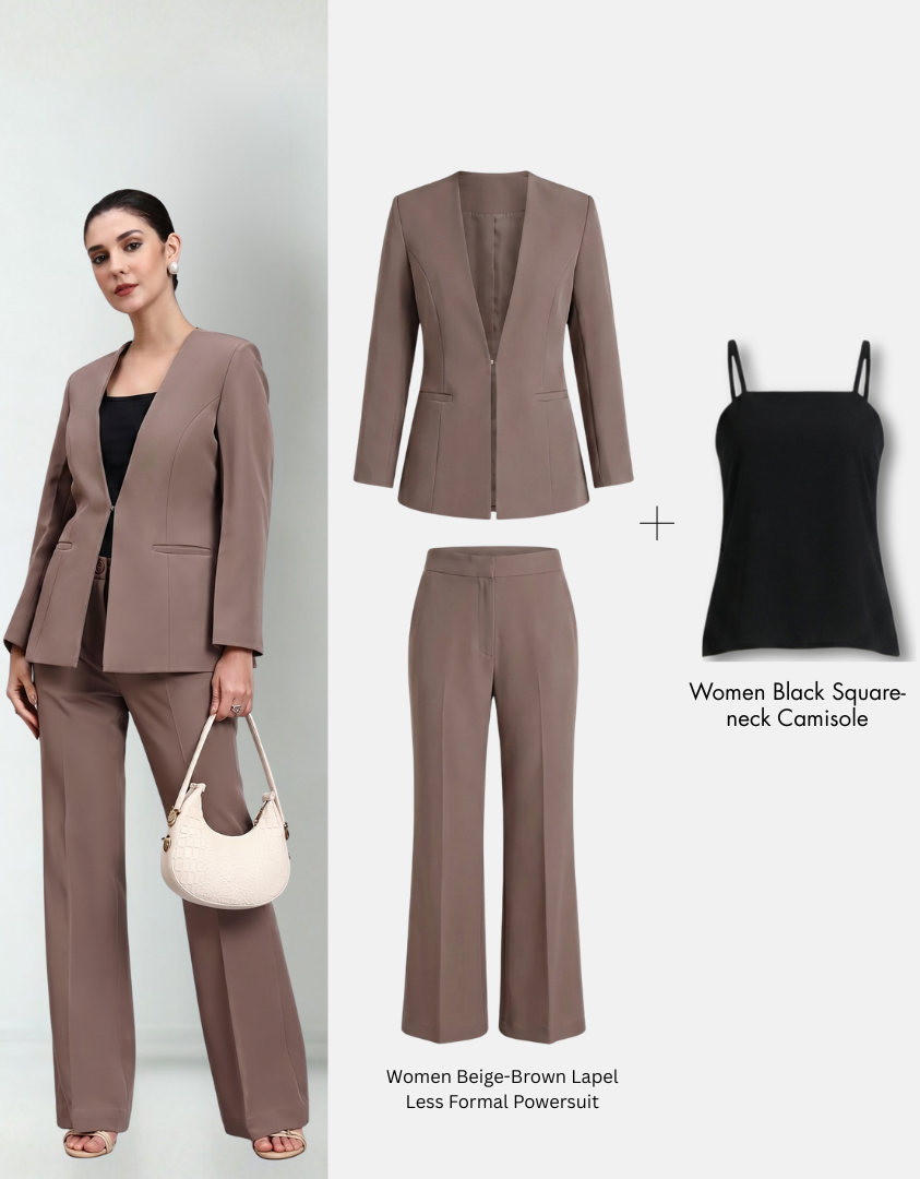Women Beige-Brown Powersuit paired with black square-neck camisole