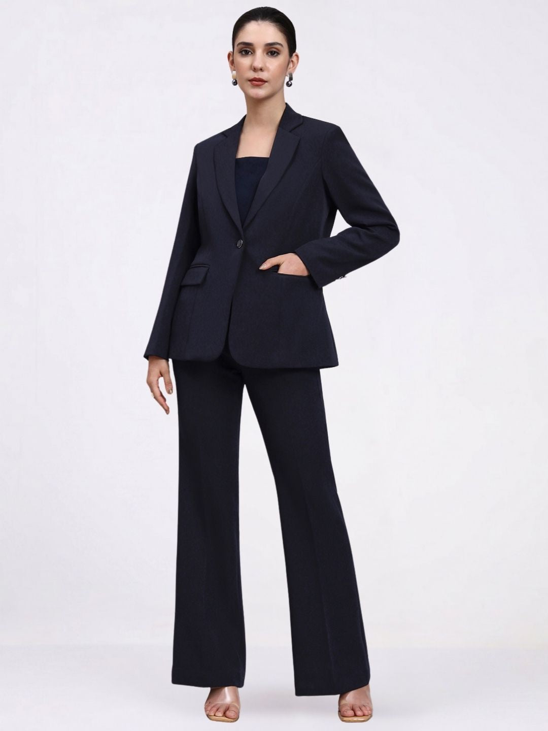 Women Navy Blue Single Breasted formal Pantsuit