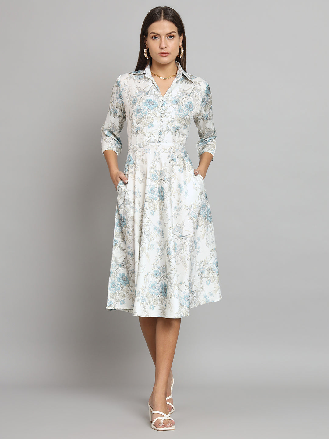 Collared Neck Floral Dress- White