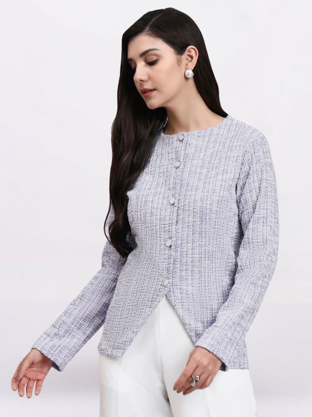 Women Lavender Warm Tweed Stretchable top With White Straight Fit Trousers