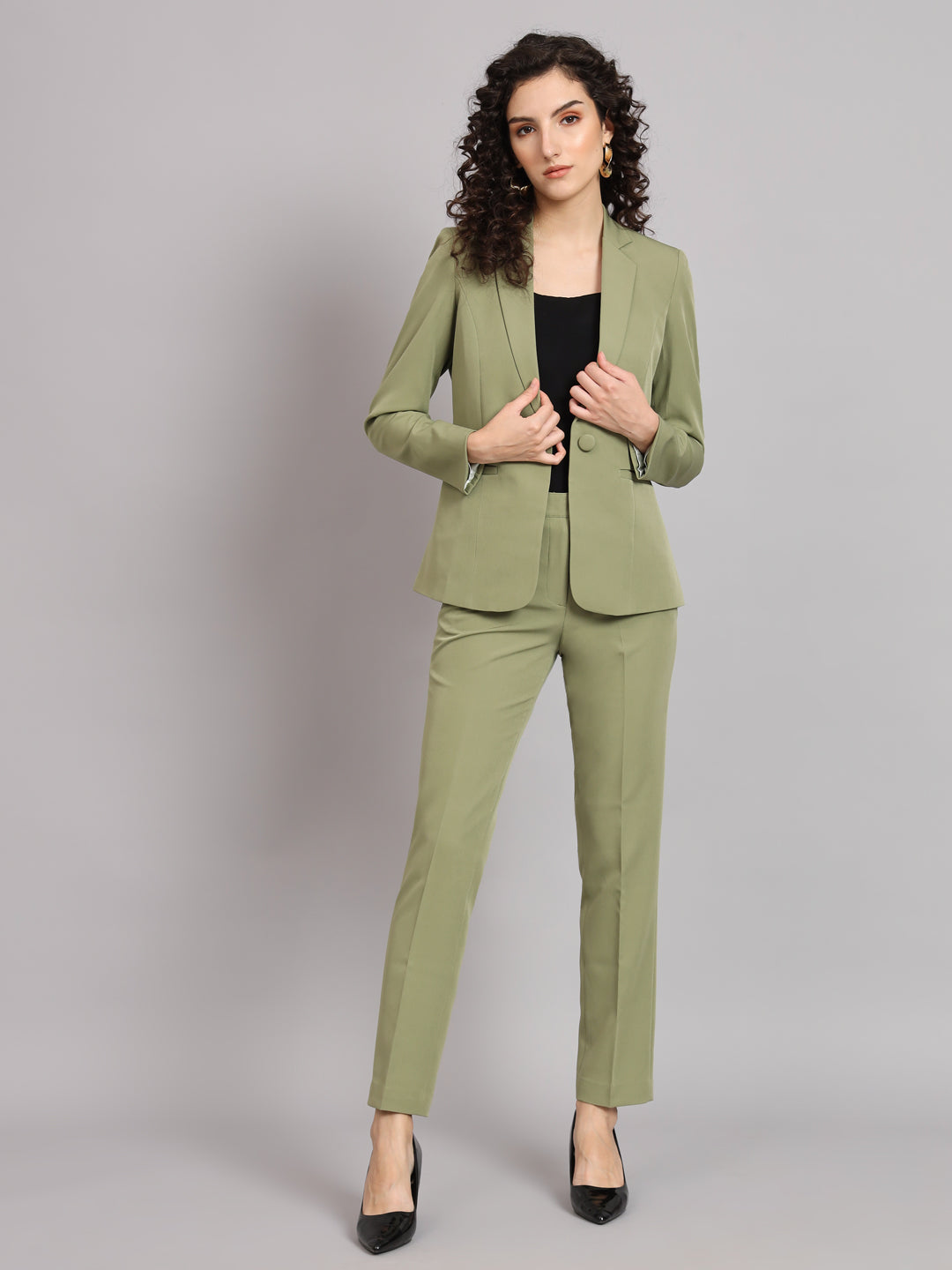 Notched Collar  Pant Suit - Olive Green