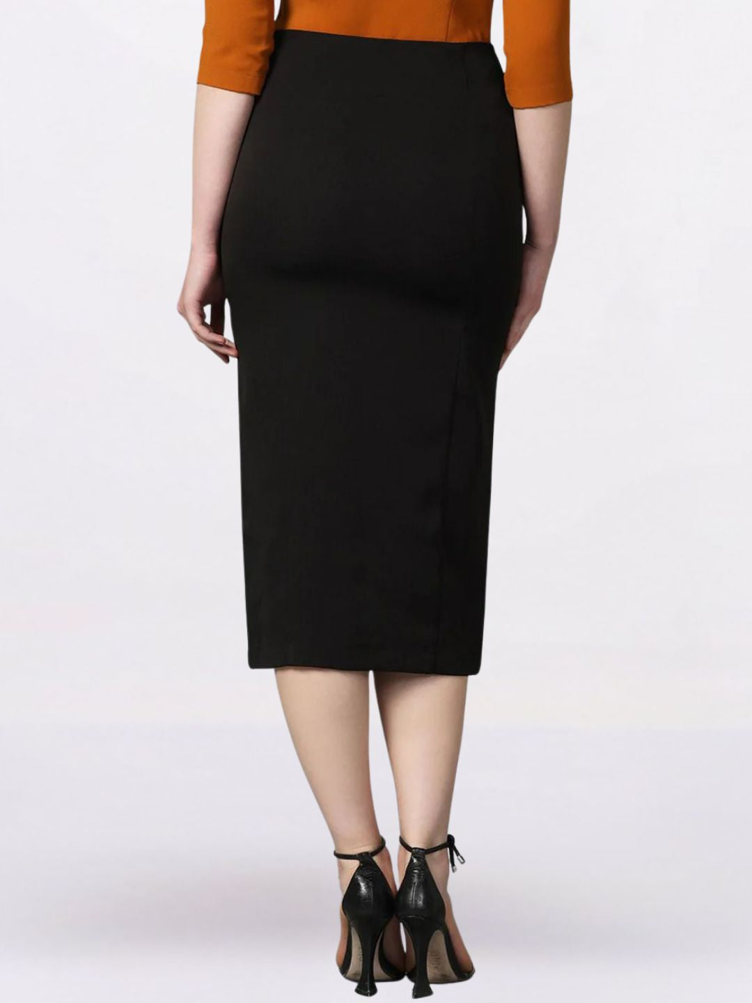 Women Straight Fit Stretch Longline Button Detail Skirt-Black