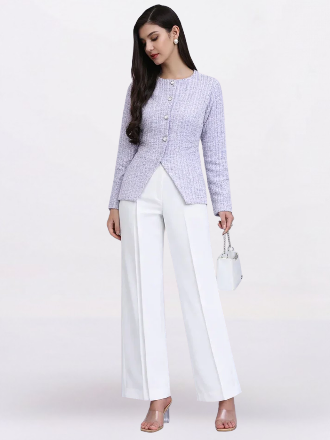 Women Lavender Warm Tweed Stretchable top With White Straight Fit Trousers