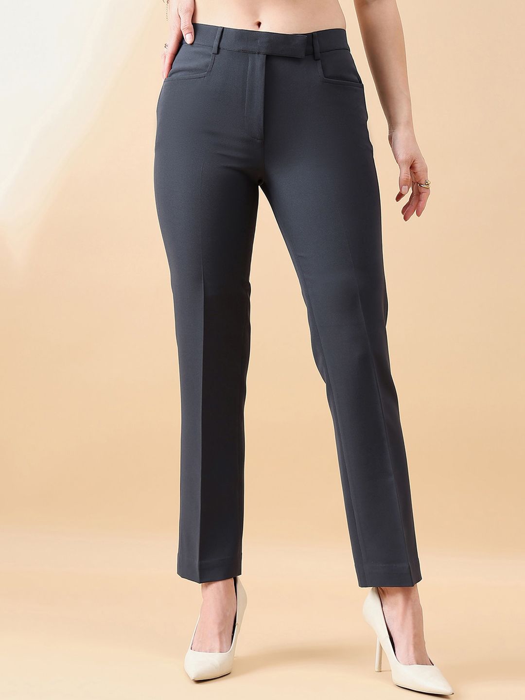Women Comfort Fit Mid Waist Stretch Pants- Dark Grey