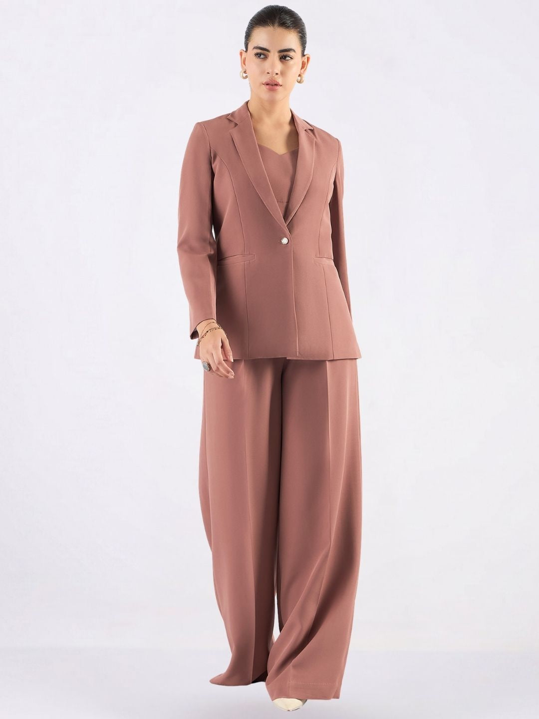 Women Peach Tailored-Fit Single-Breasted Three-Piece Formal Pantsuit