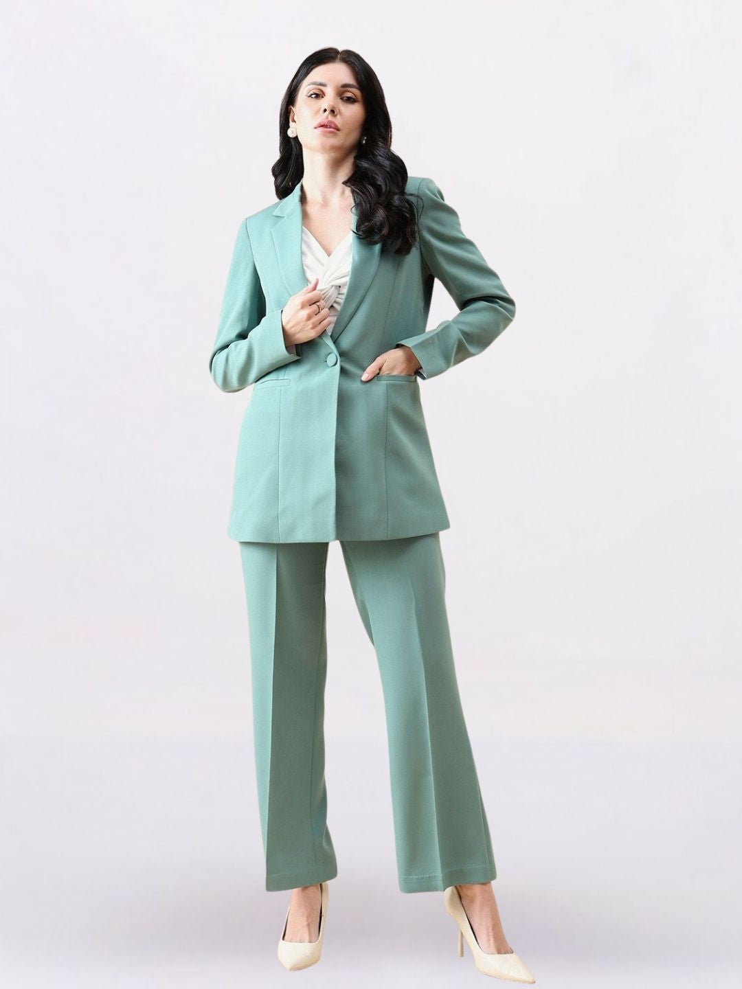 Women Green Single-Breasted Formal Pantsuit