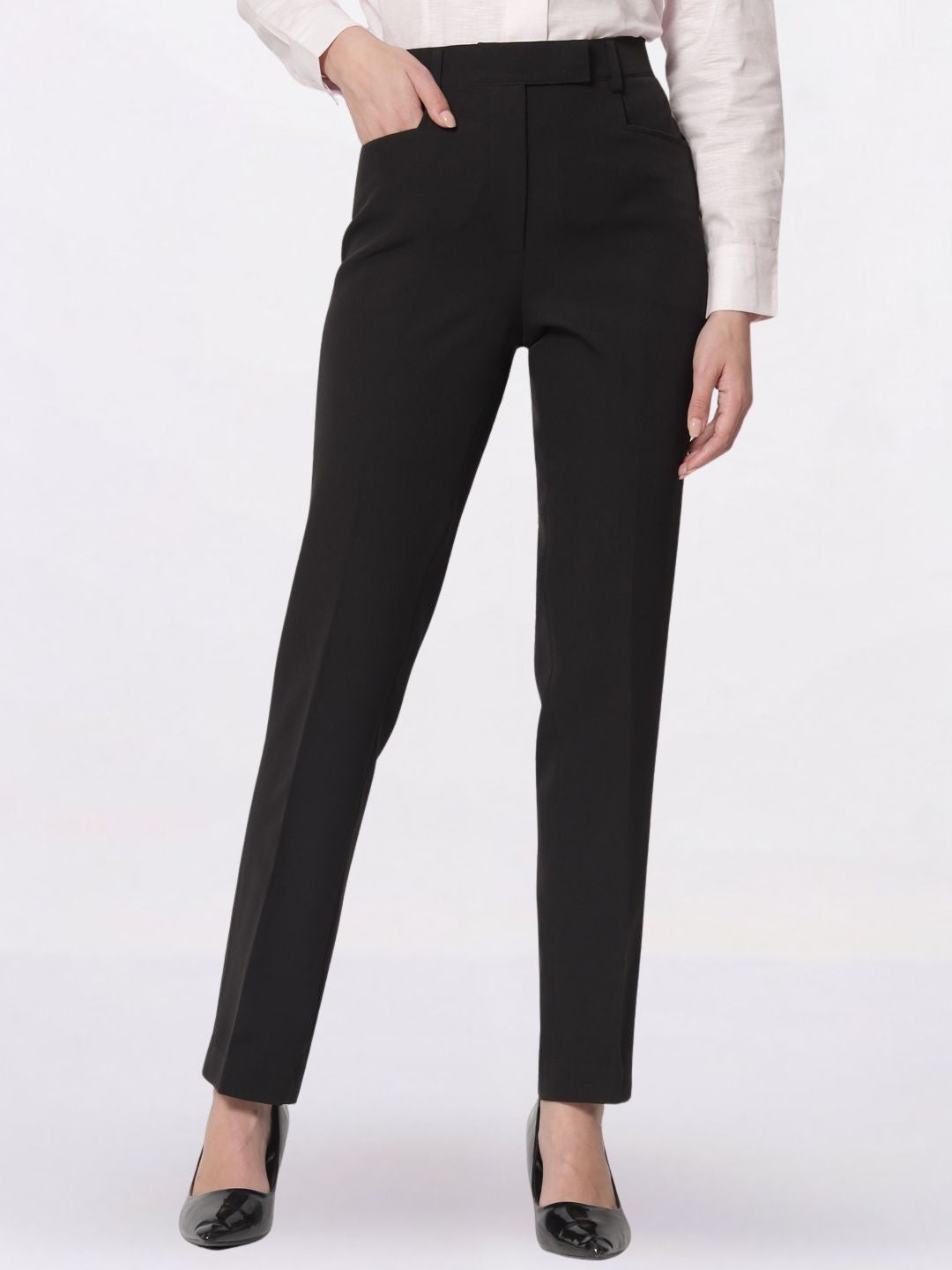 Women Black Mid-Rise Pleated Formal Trousers