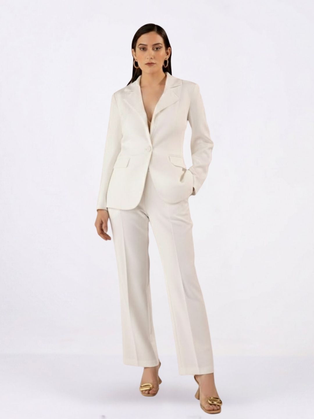 Women White Single breasted Stretch Formal Pant Suit