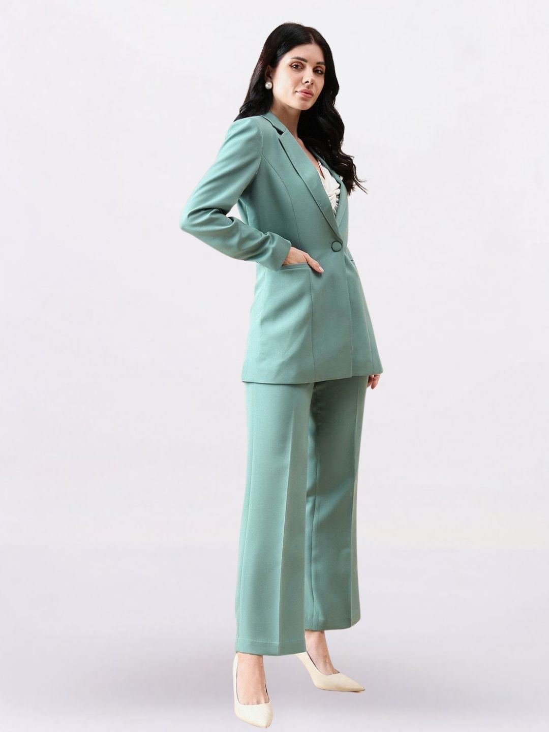 Women Green Single-Breasted Formal Pantsuit