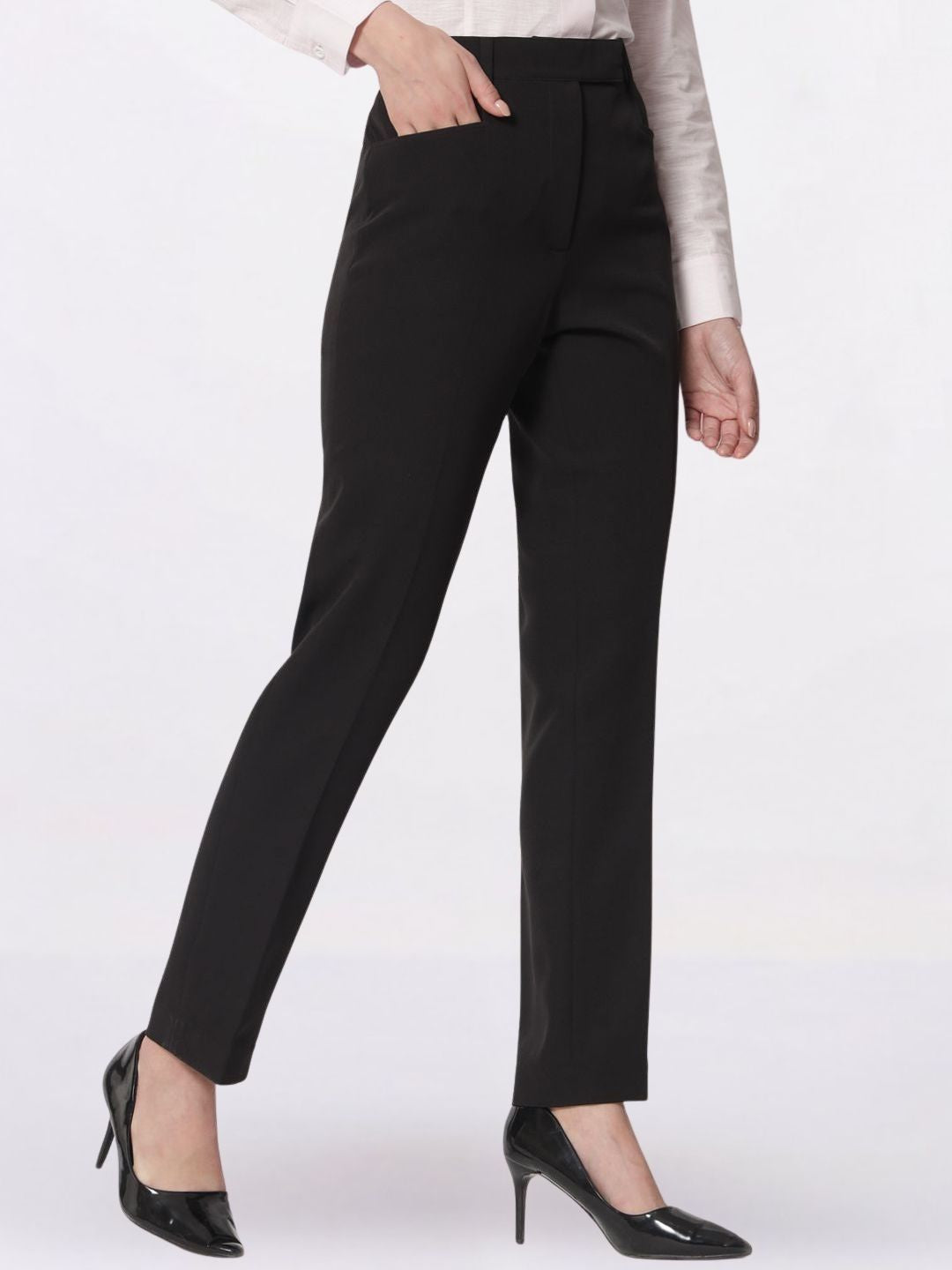 Women Black Mid-Rise Pleated Formal Trousers