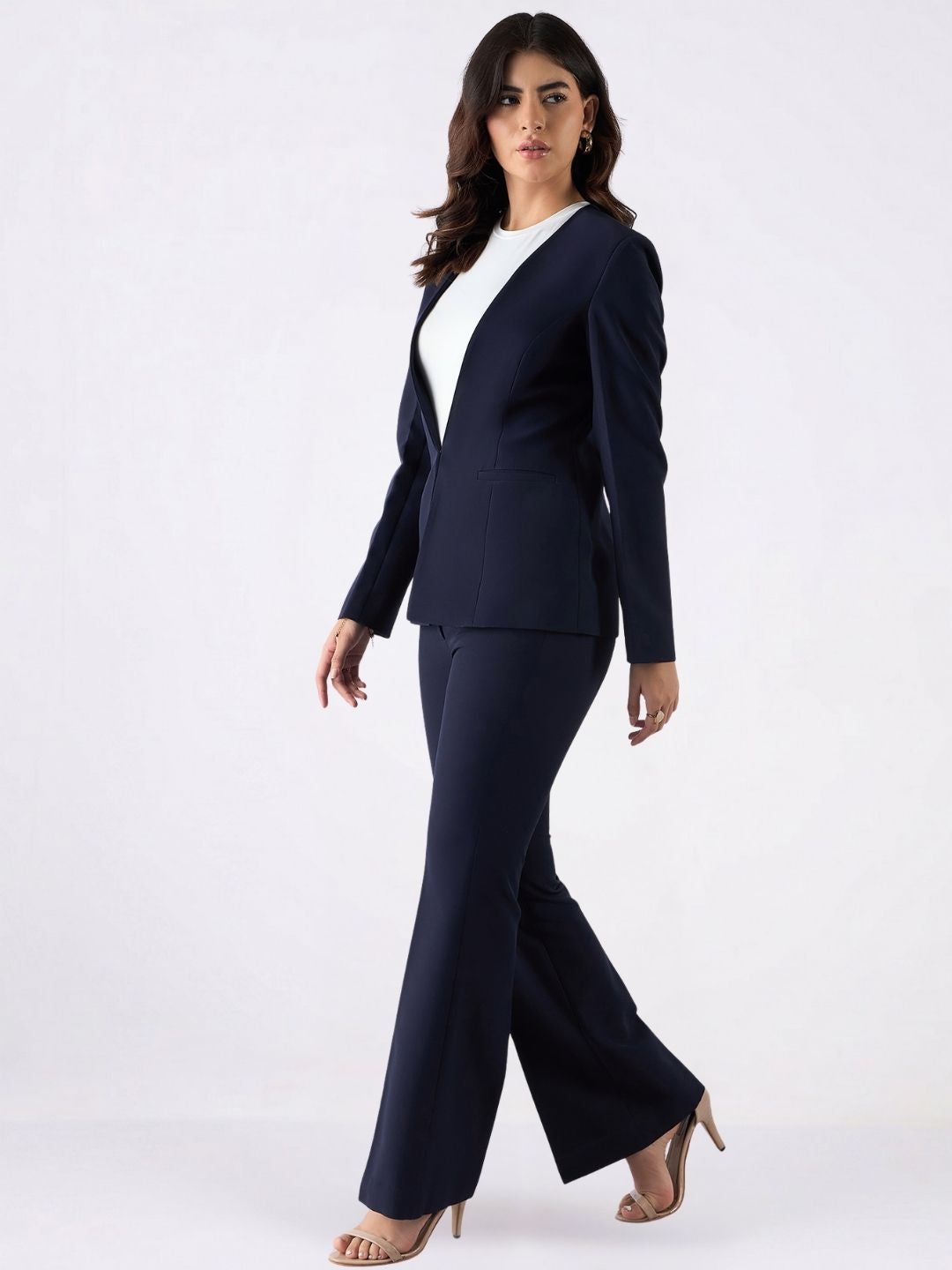 Women Navy Blue Single-Breasted Formal Pantsuit