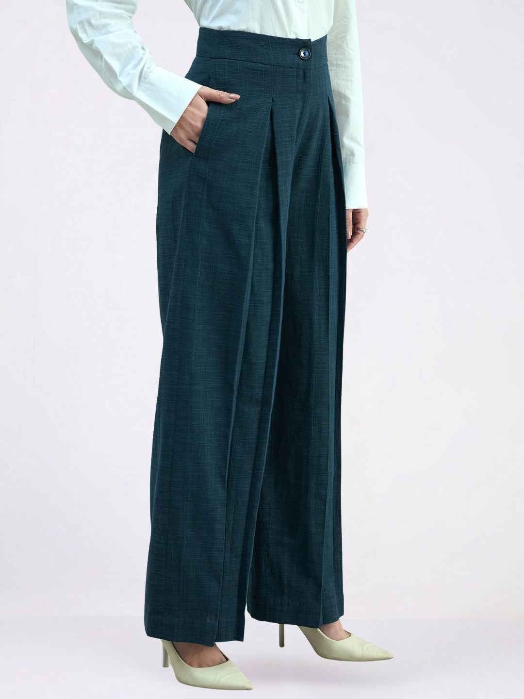 Women Blue High-Rise Pleated Trousers
