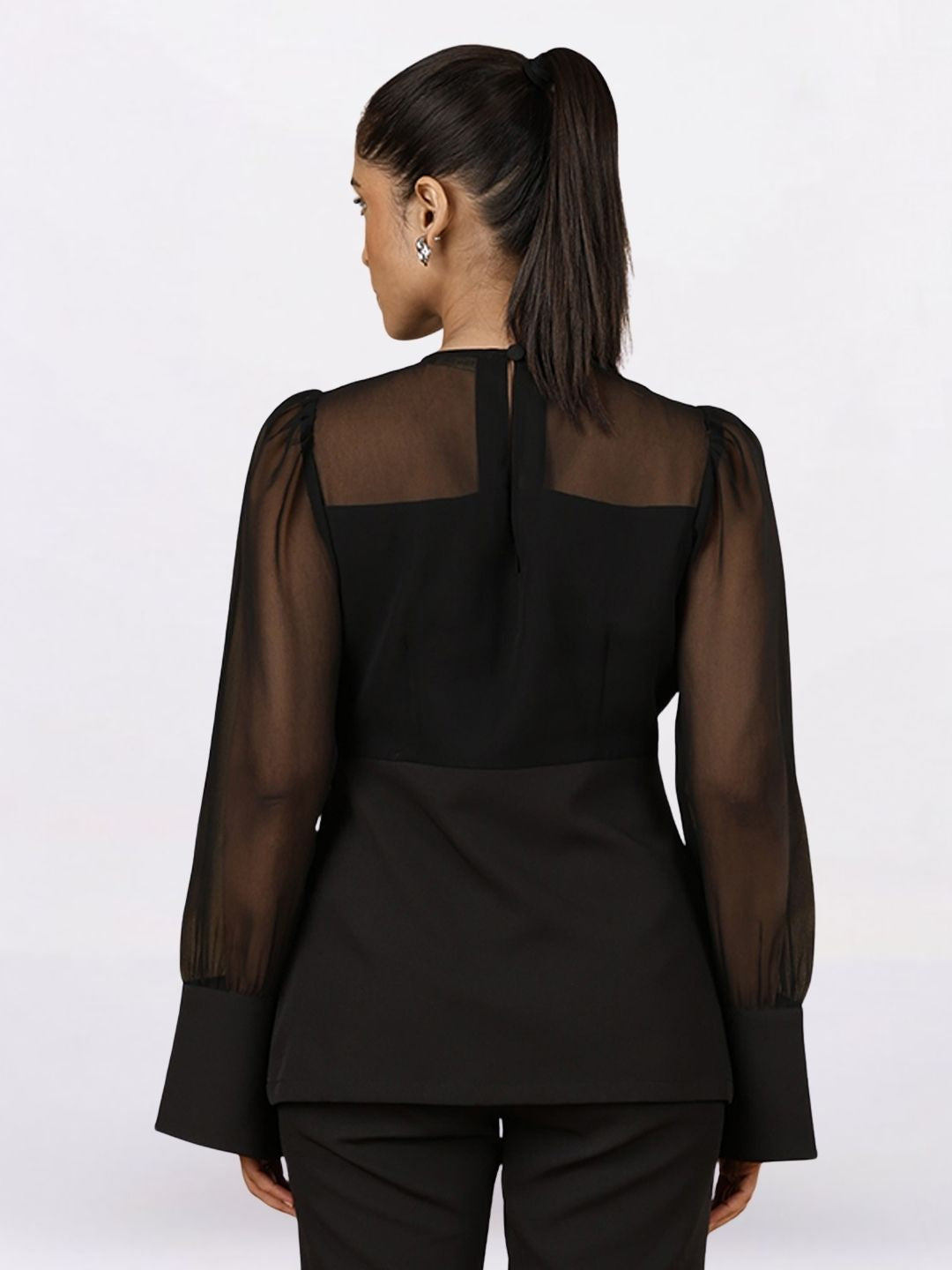 Women Black Elegant Round Neck Long Sleeve Peplum Top