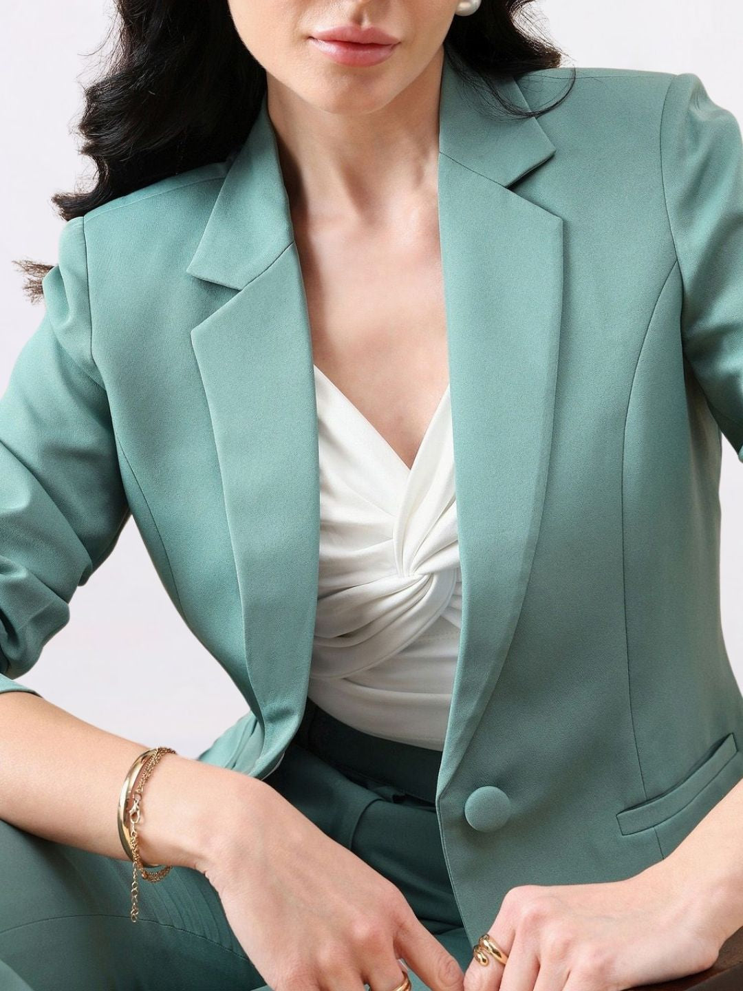 Women Green Single-Breasted Formal Pantsuit