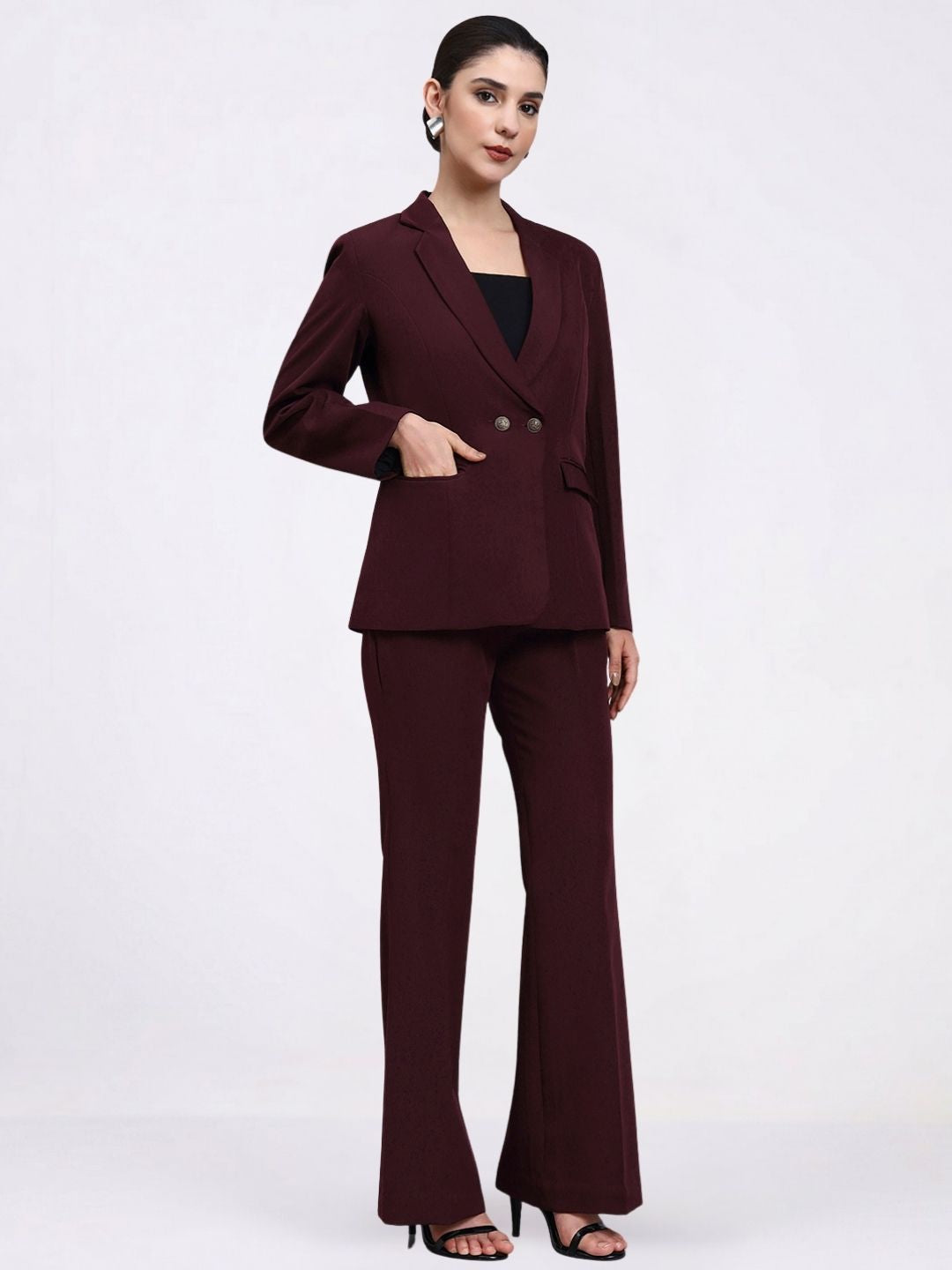 Women Burgundy Single Breasted Formal Pantsuit