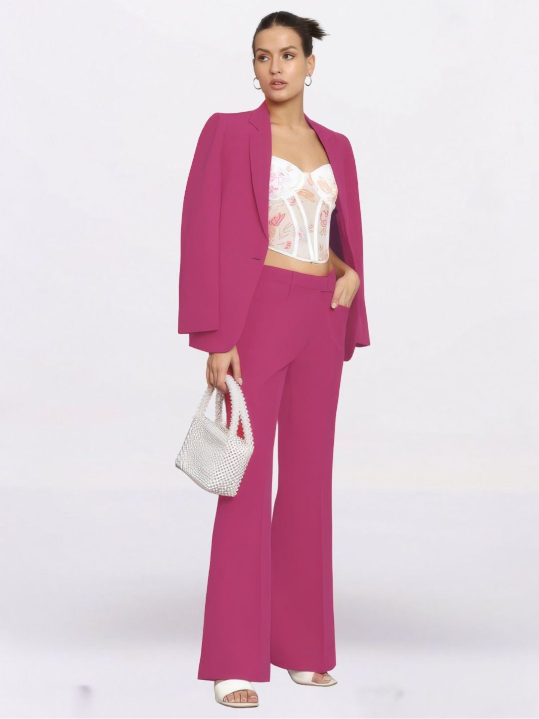 Women Hot Pink Single Breasted Formal Powersuit