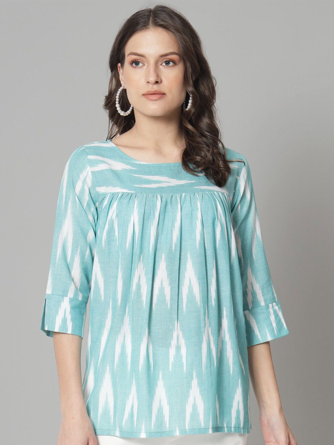 Cotton Ikat Print Loose Fit Top- Green