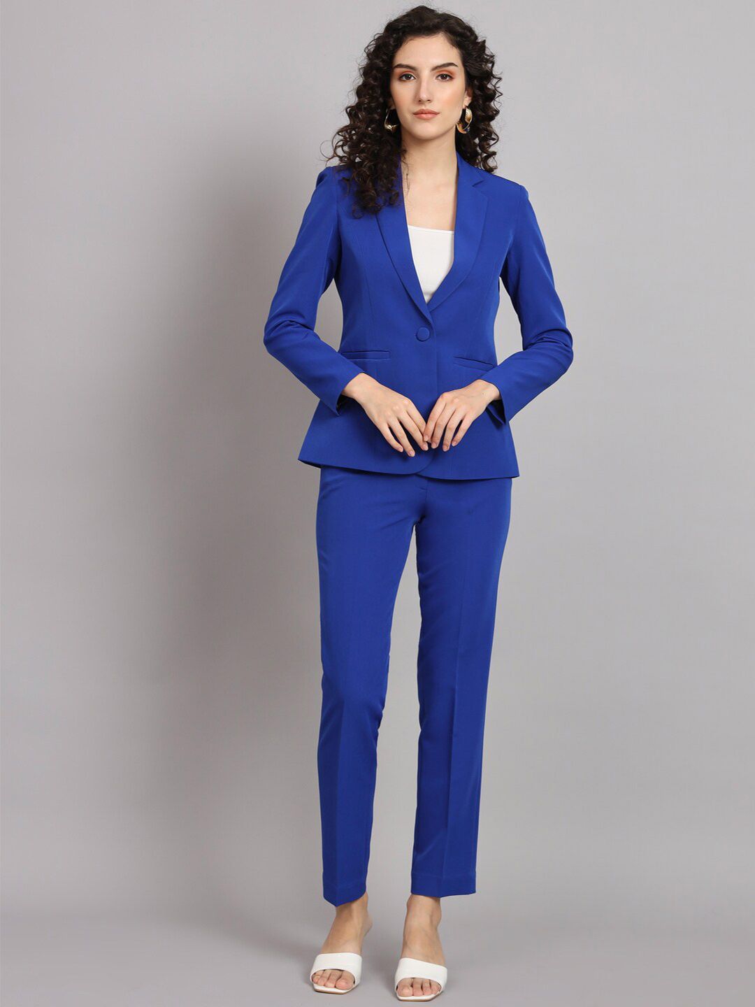 white christmas dresses Women Ink Blue Notched Collar Stretch Formal Pant Suit