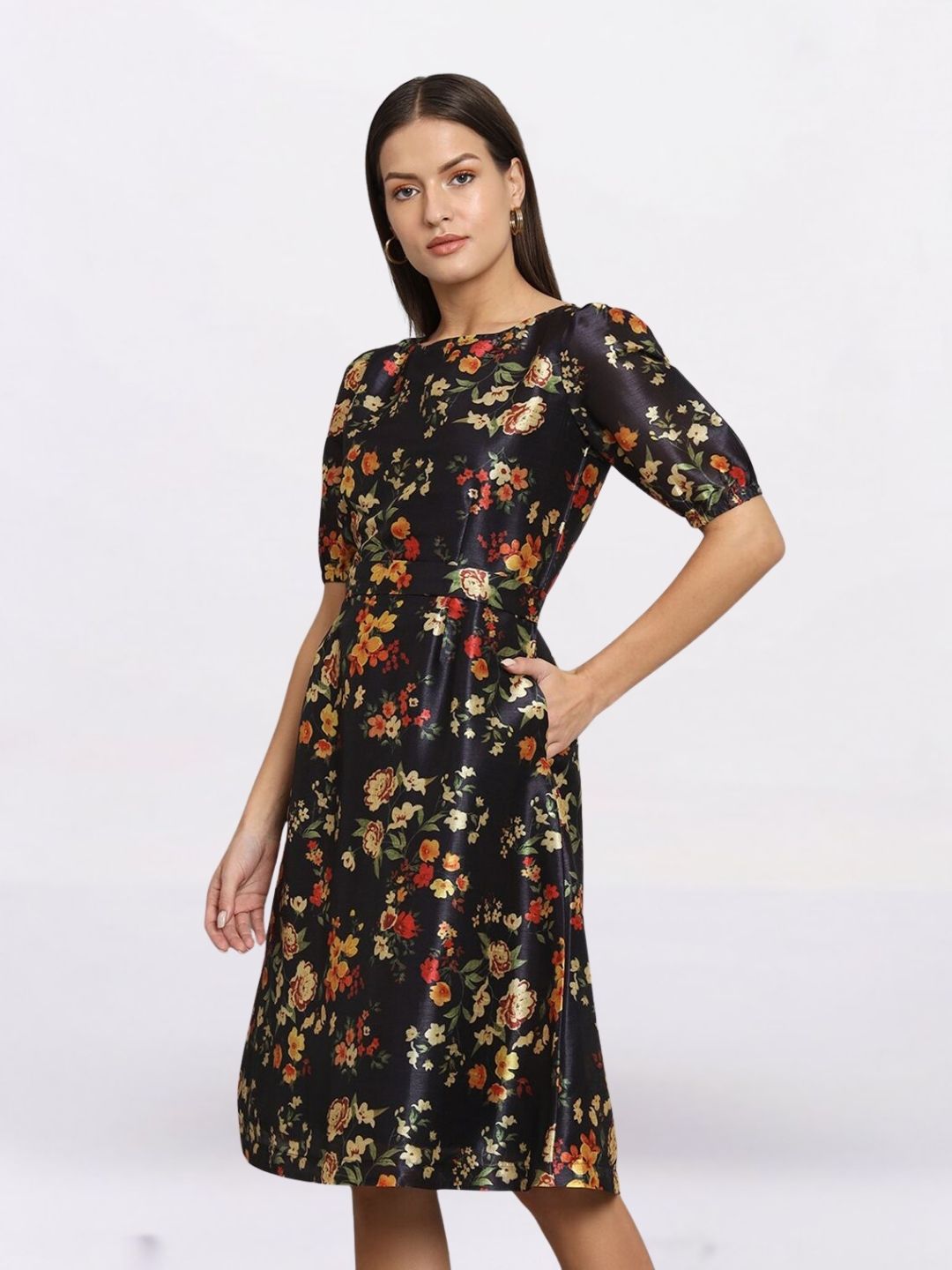 Women Black Floral Printed Fit & Flare Dress