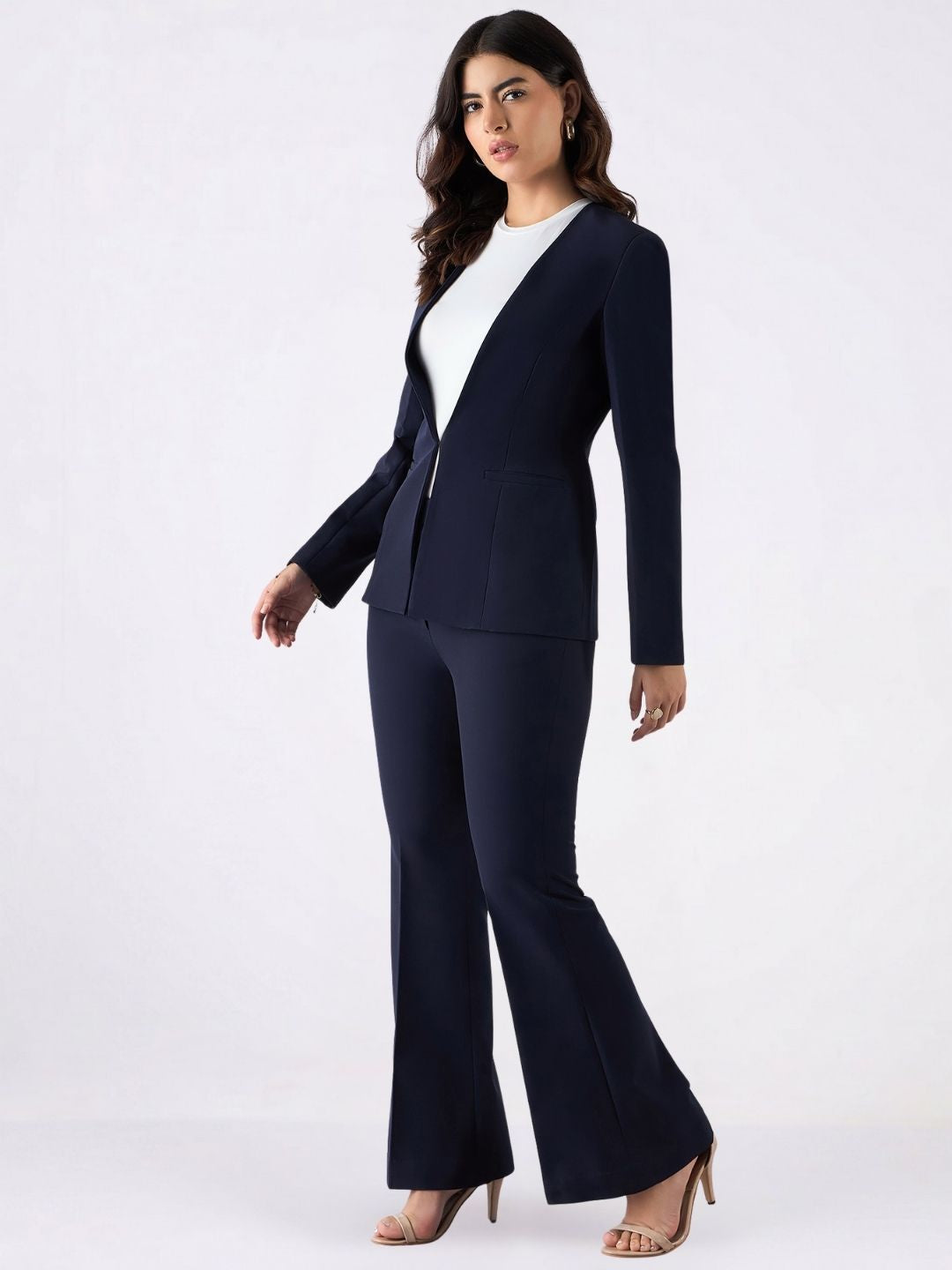 Women Navy Blue Single-Breasted Formal Pantsuit