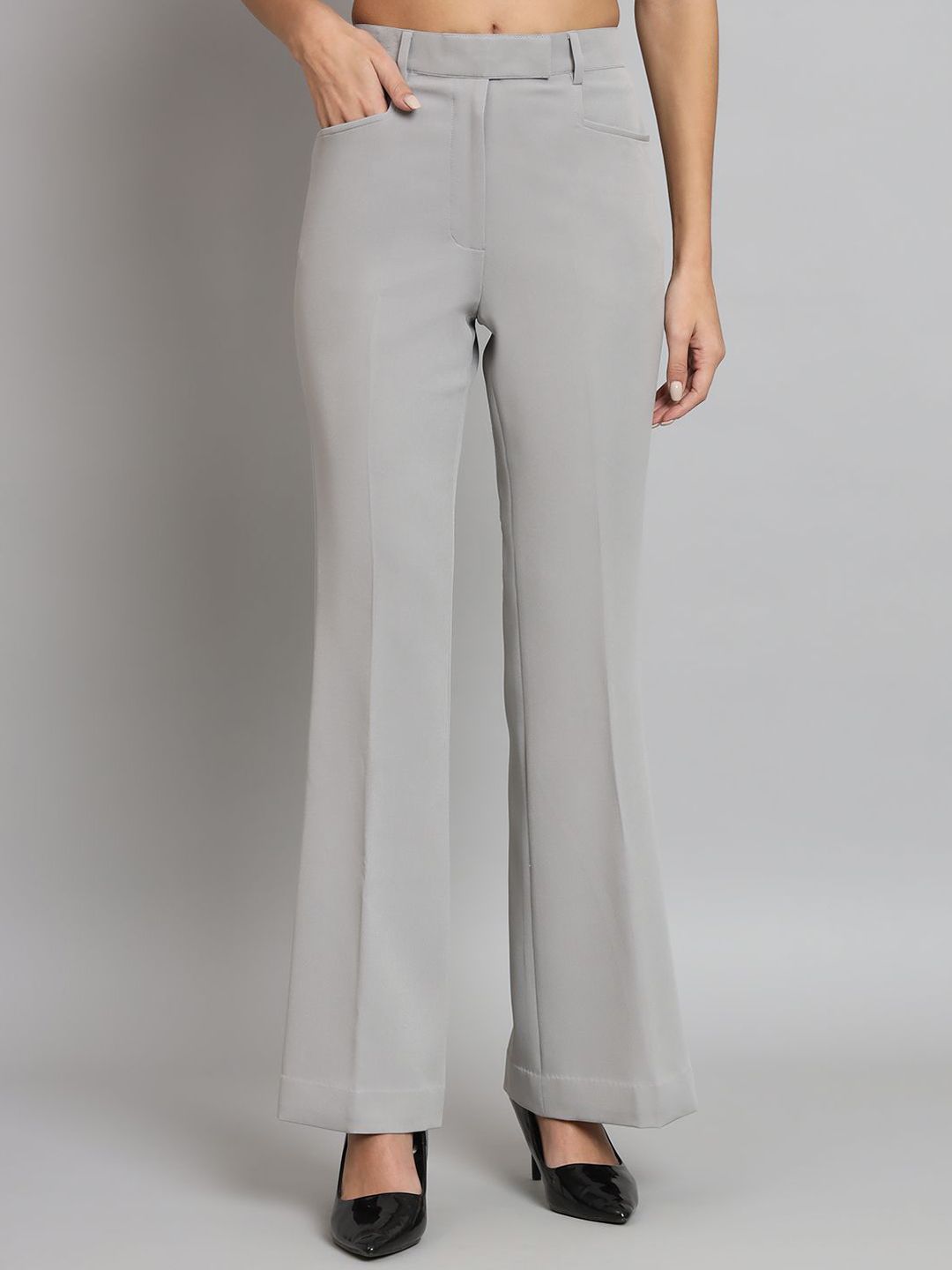 Women Relaxed Flared Mid-Rise Bell Bottom Stretch Trouser