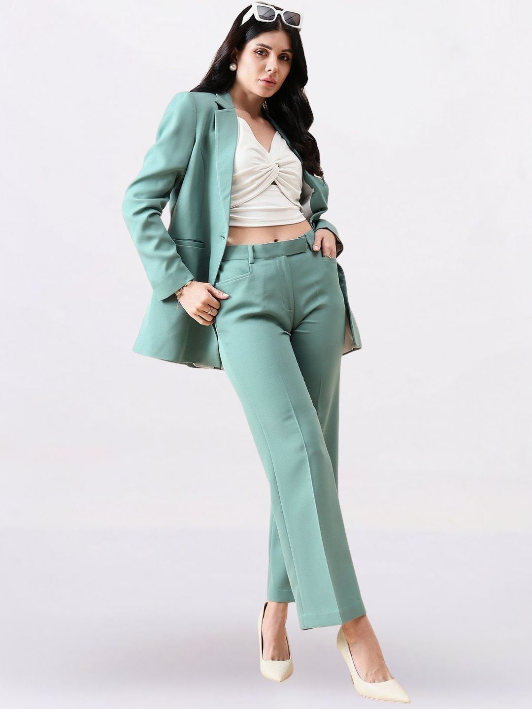 Women Green Single-Breasted Formal Pantsuit