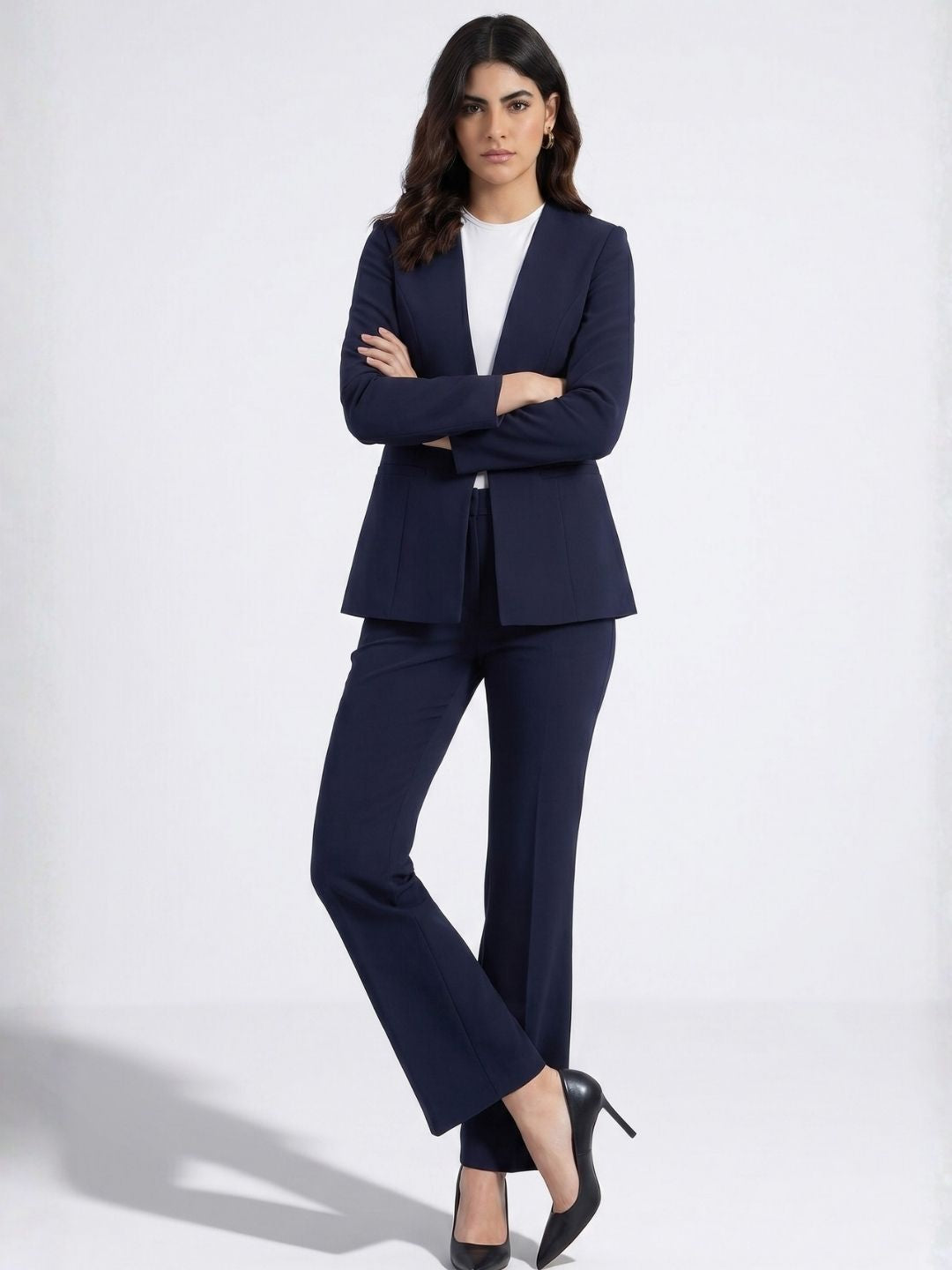 Women Navy Blue Single-Breasted Formal Pantsuit