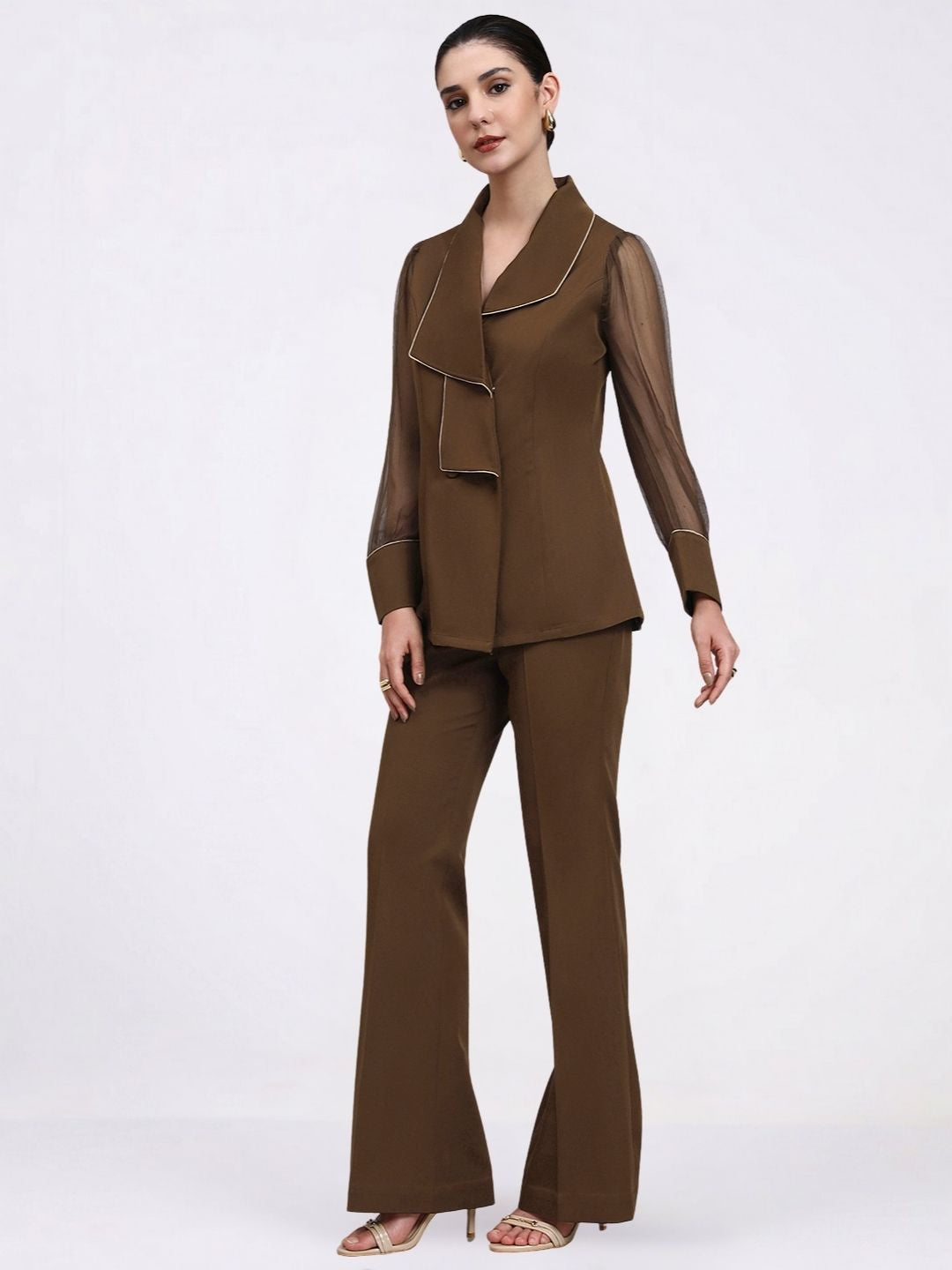 Women Brown Stretch Collared Co-Ord Set