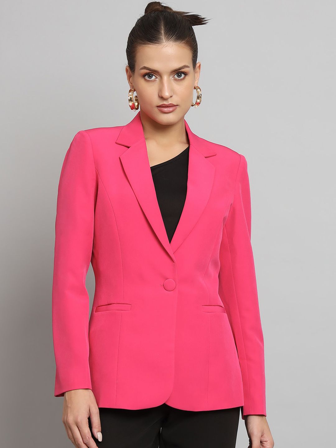 Women Hot Pink Notched Collar Formal Blazer