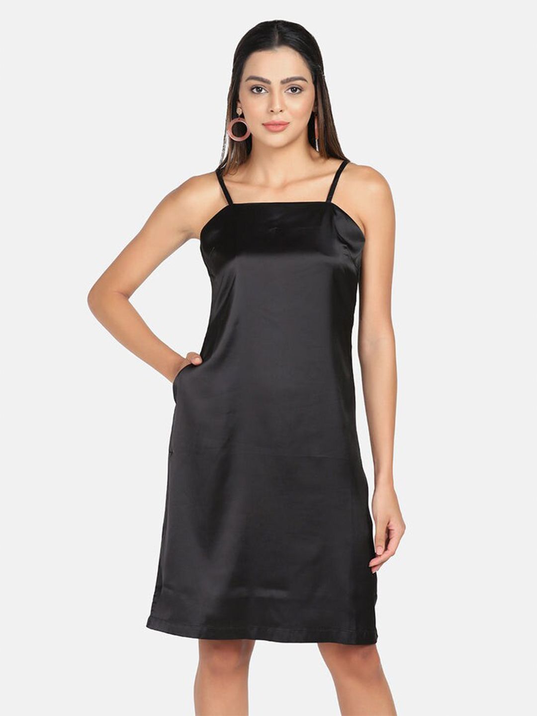 Satin Spaghetti Dress - Black
