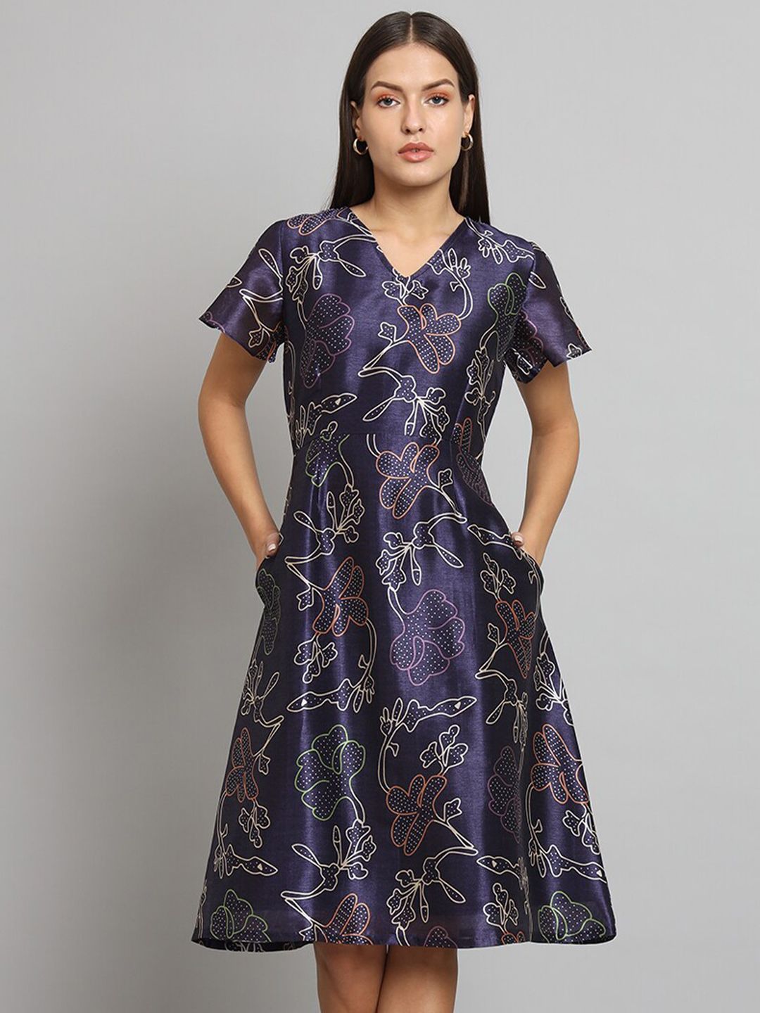Women Floral Printed Silk Fit & Flare Dress