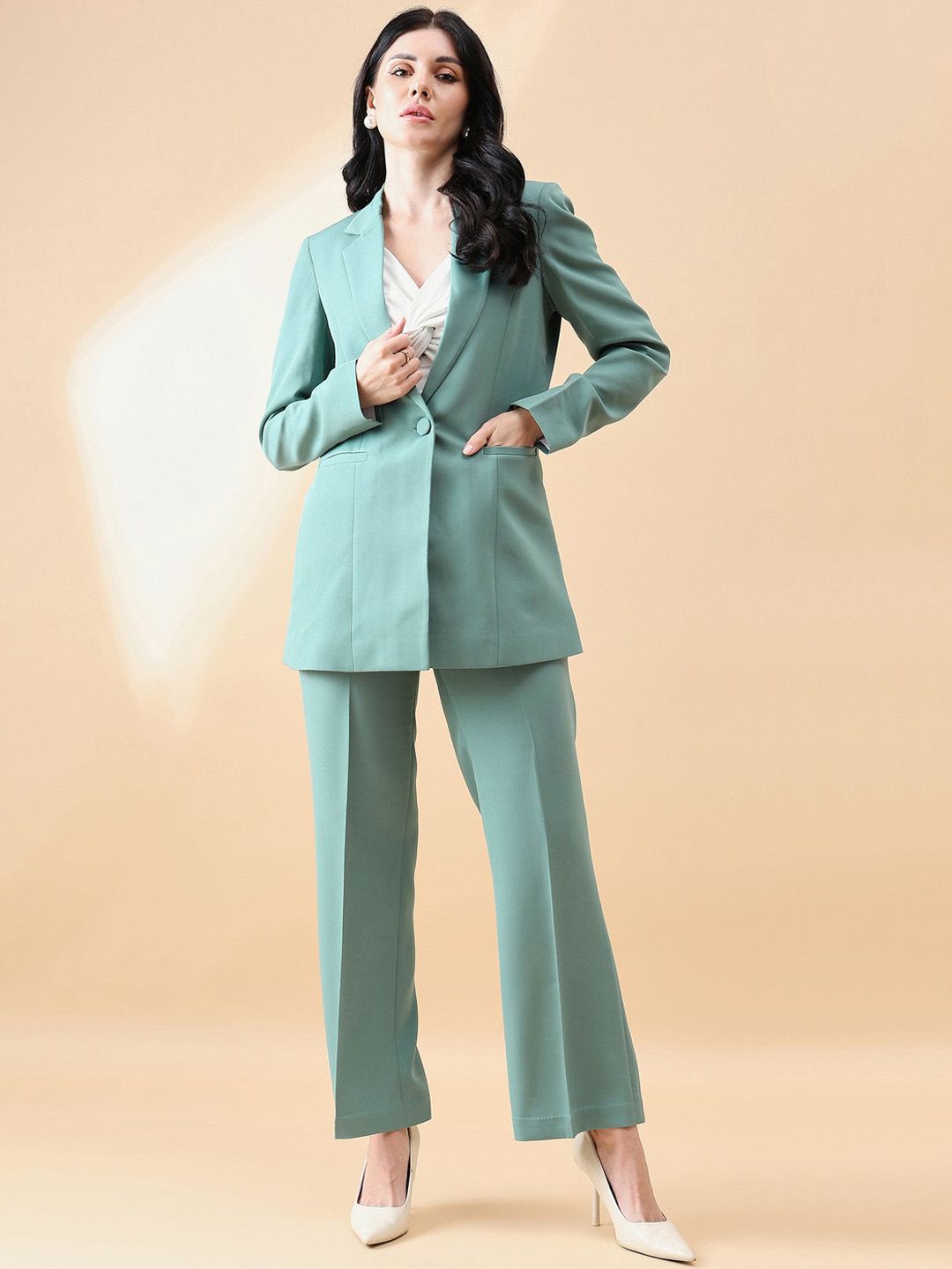 Women Green Single-Breasted Formal Pantsuit