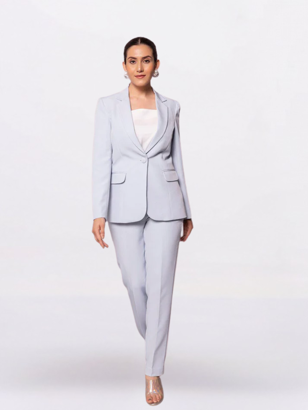 Women Blue Single Breasted Stretch Pant Suit
