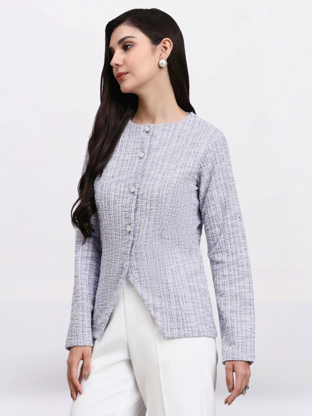 Women Lavender Warm Tweed Stretchable top With White Straight Fit Trousers
