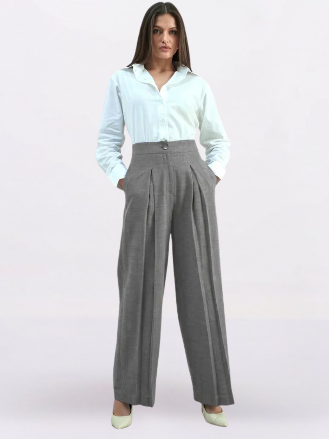 Women Grey High-Rise Pleated Trousers