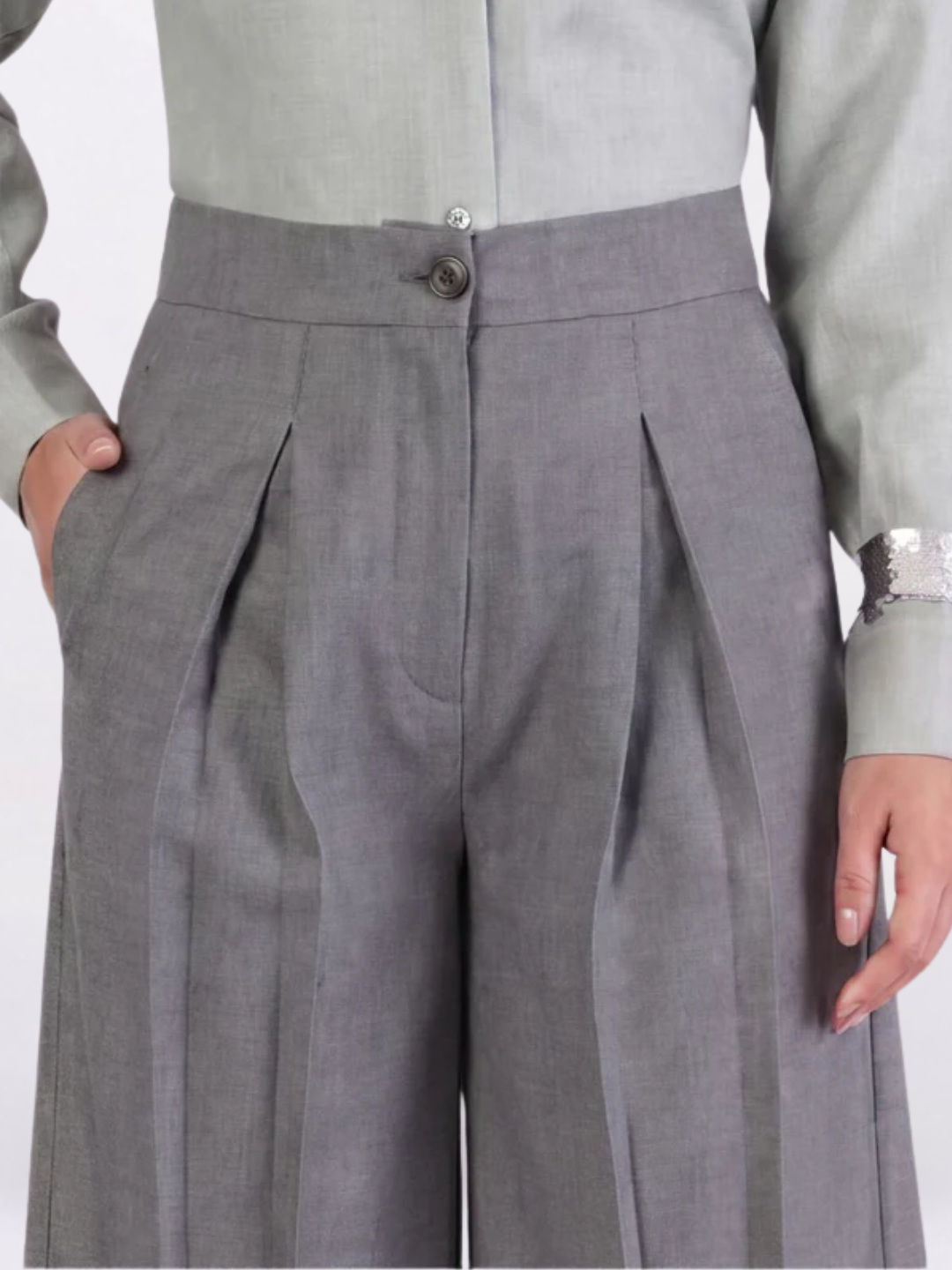 Women Grey High-Rise Pleated Trousers