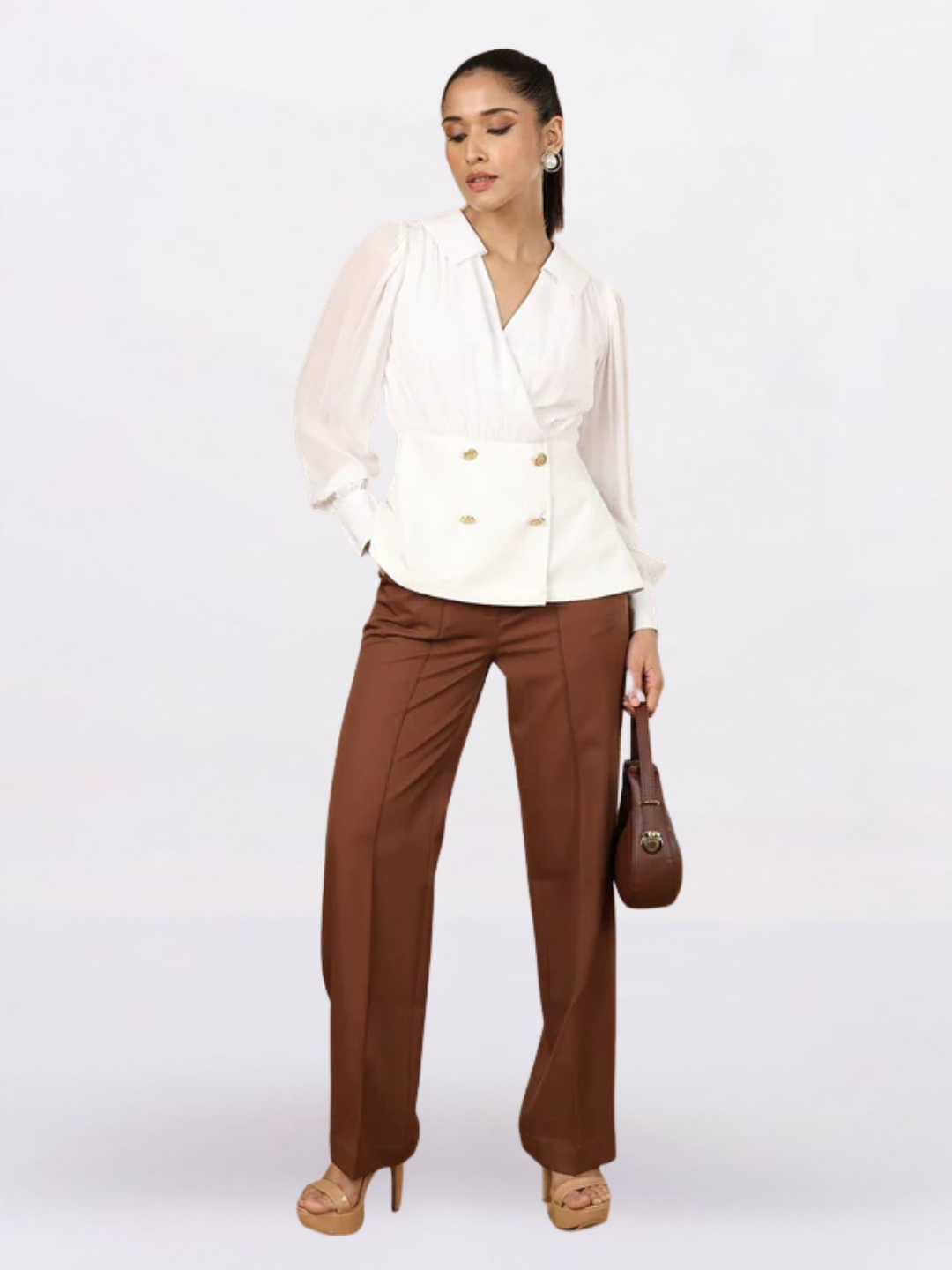 Women Shirt Collar Cuffed Sleeves Peplum Top