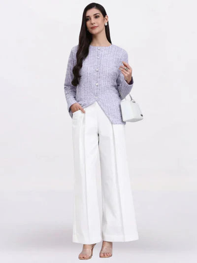 Women Lavender Warm Tweed Stretchable top With White Straight Fit Trousers
