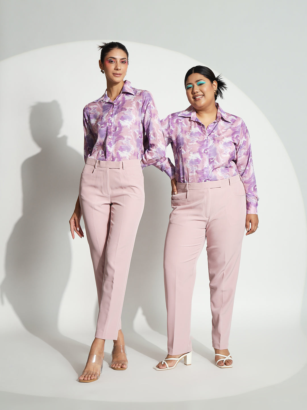 Women Baby pink Warm Tweed stretch top with White Straight Fit Trouser Co-ord set